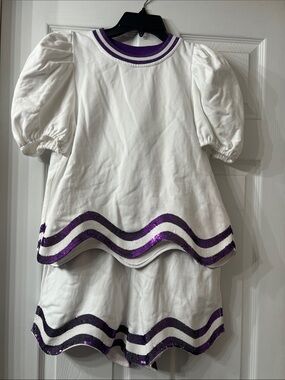 QUEEN OF SPARKLES White Top and Shorts Set with Purple Sequin Trim